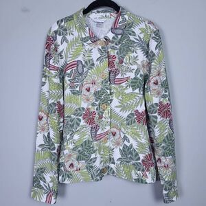 Christopher & Banks Womens Linen Button Front Top Size Large Green Tropical Vaca